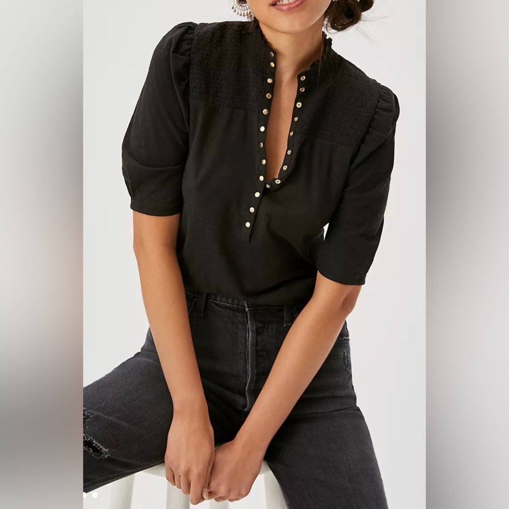 Nation LTD Large Pietra Pima Cotton Henley Button Front Solid Black Smocked Top